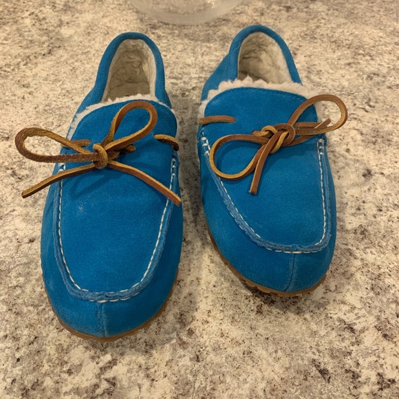 Lands End teal Suede Leather Moccasins Slippers Shoes Size 8 - Picture 1 of 9
